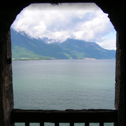 Window view over lake Geneva from Chillon Castle